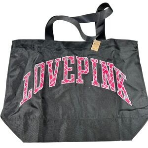 Victoria's Secret Love Pink Large‎ Black Canvas Tote Bag NWT Beach Pool Travel